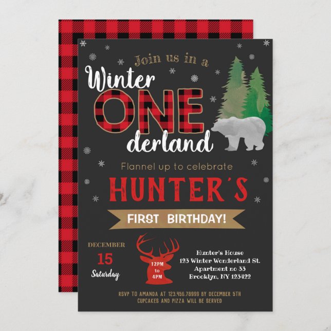 Winter Onederland Lumberjack Birthday Invitations  (Front/Back)