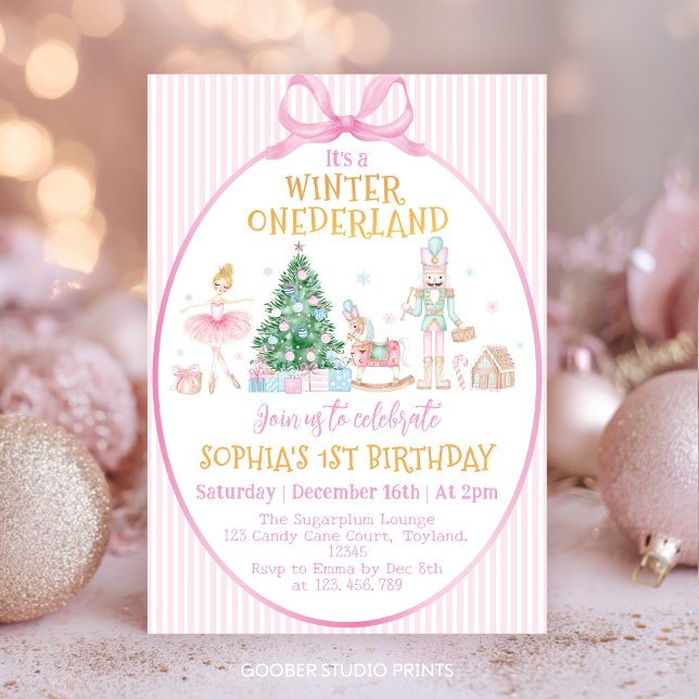Winter Onederland Nutcracker Pink Bow Birthday Invitation (Creator Uploaded)