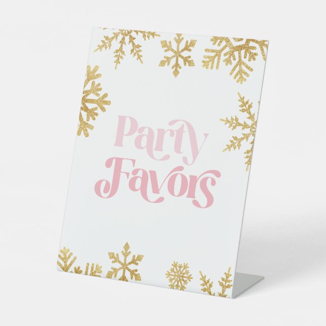 Winter Onederland Party Favours Pink Gold Pedestal Sign (Front)