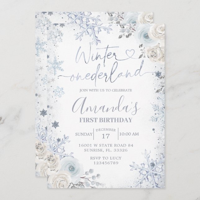Winter Onederland Pastel Blue Snowflake Birthday Invitation (Front/Back)