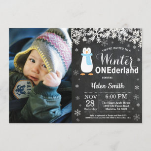Winter Onederland Penguin Boy 1st Birthday Invitation