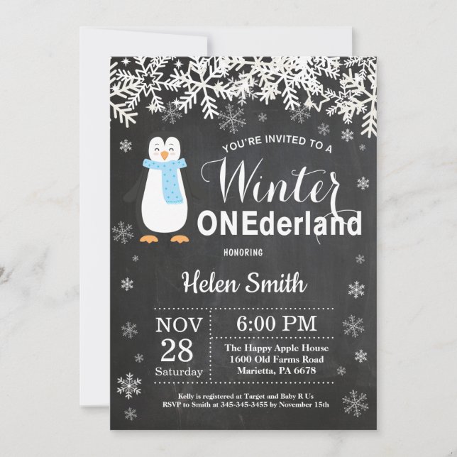 Winter Onederland Penguin Boy 1st Birthday Invitation (Front)