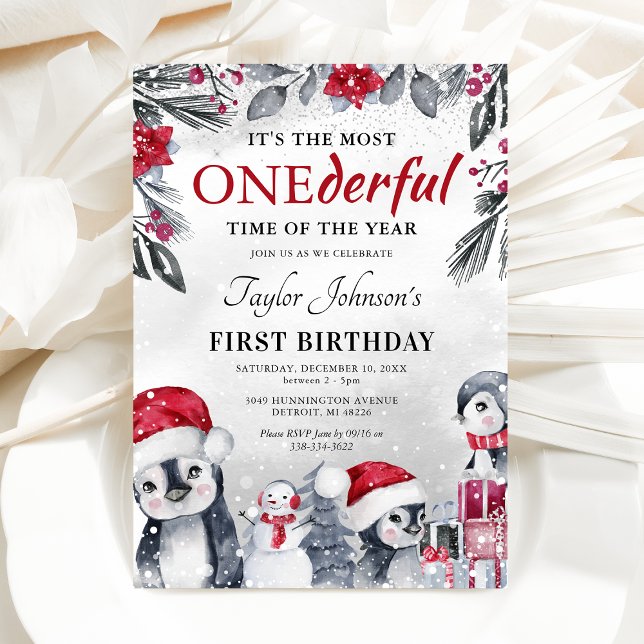 Winter Onederland Penguin Christmas 1st Birthday Invitation (Creator Uploaded)