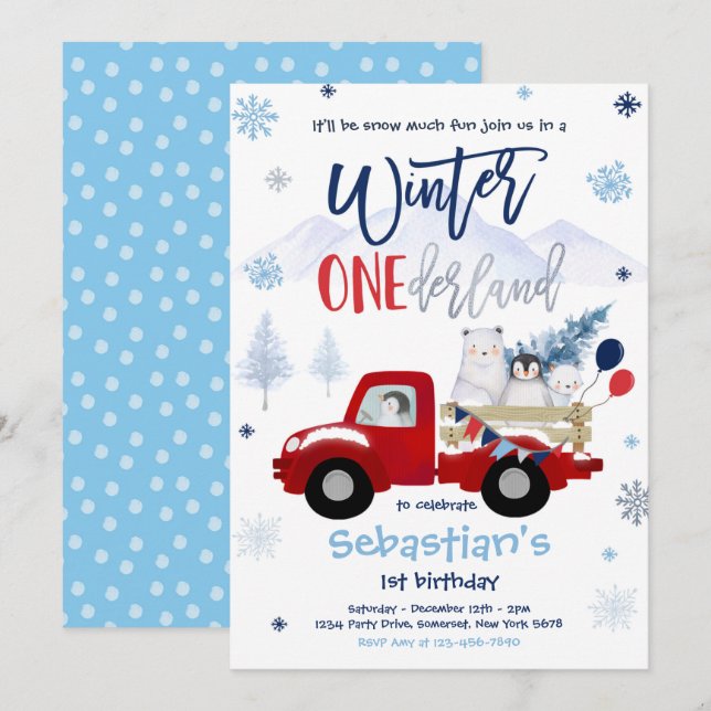 Winter ONEderland Penguin Polar Bear Birthday Invitation (Front/Back)