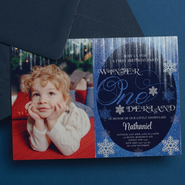 Winter ONEderland Photo Blue 1st Birthday Invitation (Creator Uploaded)