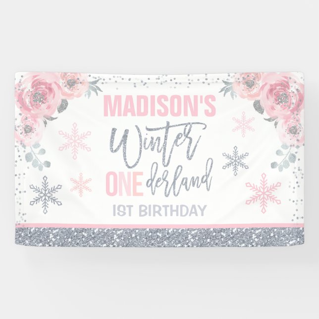Winter ONEderland Pink 1st Birthday Decorations  Banner (Horizontal)