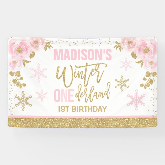 Winter ONEderland Pink 1st Birthday Decorations Banner (Horizontal)