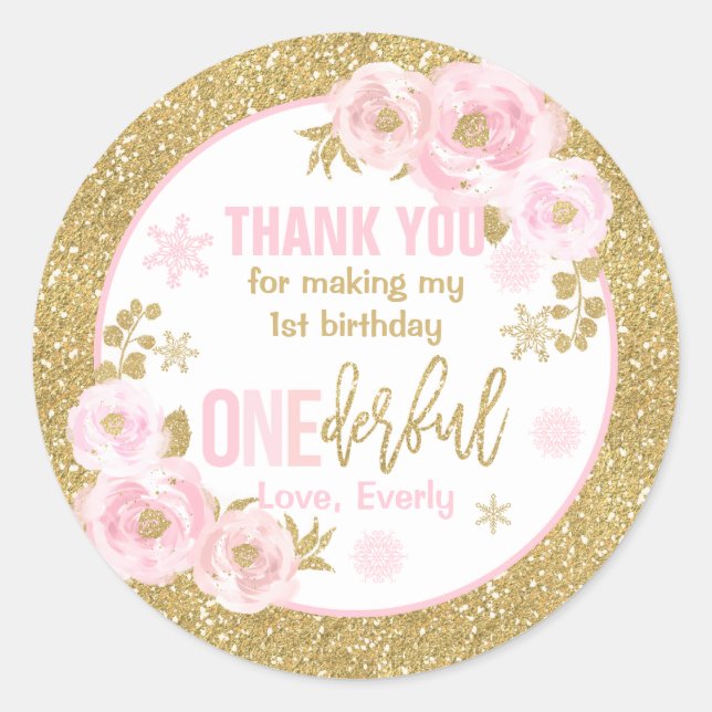 Winter ONEderland Pink And Gold Birthday Favours Classic Round Sticker (Front)