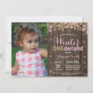 Winter Onederland Pink and Gold Girl 1st Birthday Invitation