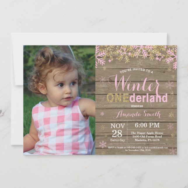 Winter Onederland Pink and Gold Girl 1st Birthday Invitation (Front)