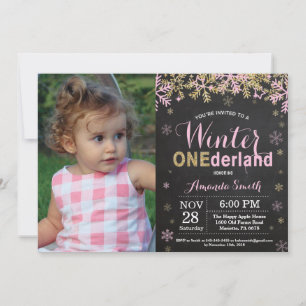 Winter Onederland Pink and Gold Girl 1st Birthday Invitation