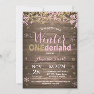 Winter Onederland Pink and Gold Girl 1st Birthday Invitation