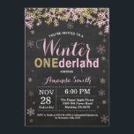 Winter Onederland Pink and Gold Girl 1st Birthday Invitation<br><div class="desc">Winter Onederland Pink and Gold Girl 1st Birthday Invitation. 1st First Birthday Party. Pink and Gold Glitter Snowflake. Girl Birthday Party Invitation. Winter Holiday Bday. 1st First Birthday. Chalkboard Background. Black and White. For further customisation, please click the "Customise it" button and use our design tool to modify this template...</div>
