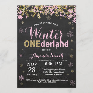 Winter Onederland Pink and Gold Girl 1st Birthday Invitation