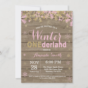 Winter Onederland Pink and Gold Girl 1st Birthday Invitation