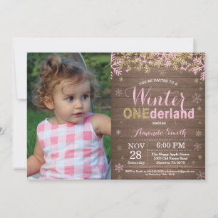 Winter Onederland Pink and Gold Girl 1st Birthday Invitation