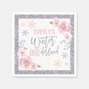 Winter ONEderland Pink And Silver Birthday Party Napkin