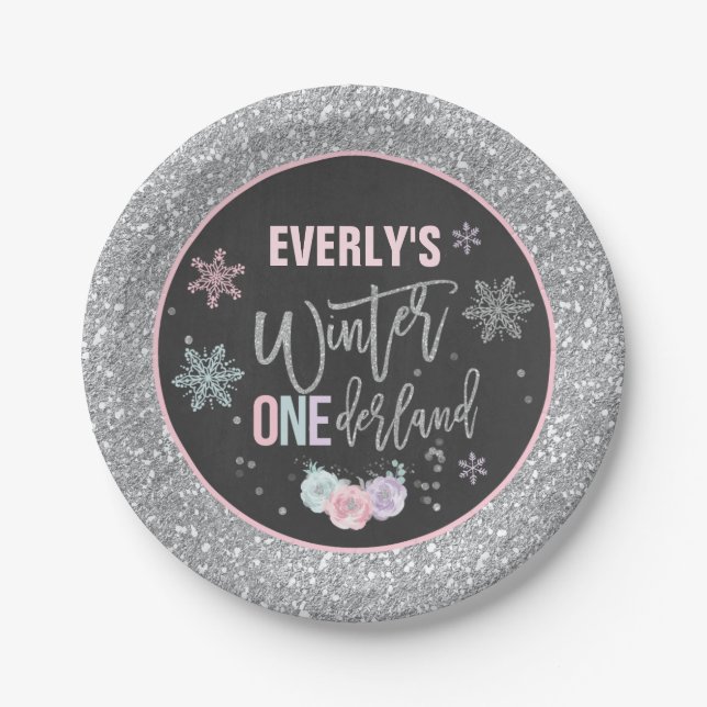 Winter ONEderland Pink And Silver Paper Plate (Front)