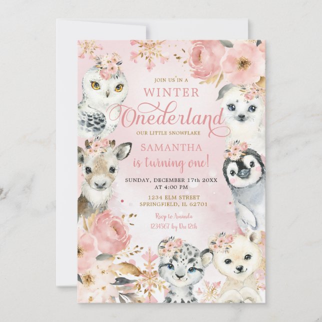 Winter Onederland Pink Arctic Animals Birthday Invitation (Front)