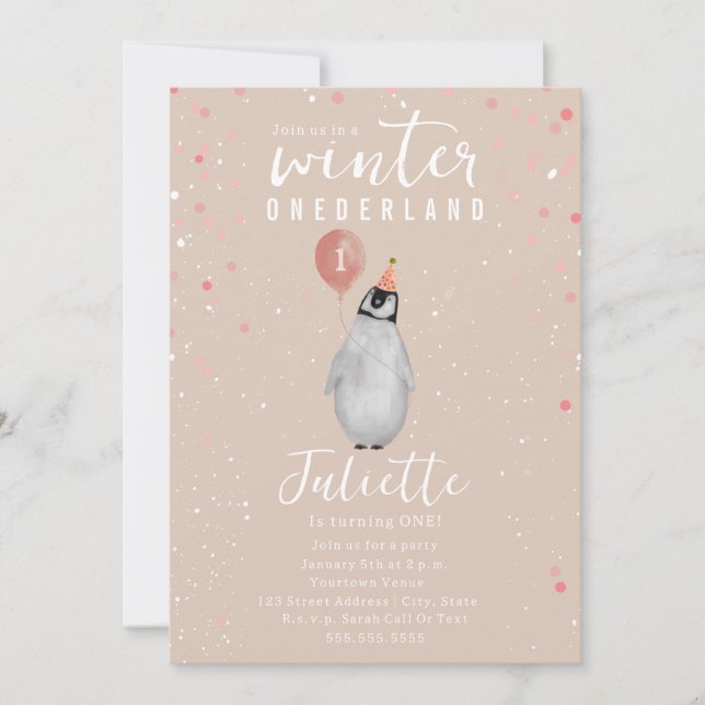 Winter Onederland Pink Balloon Penguin Birthday Invitation (Front)