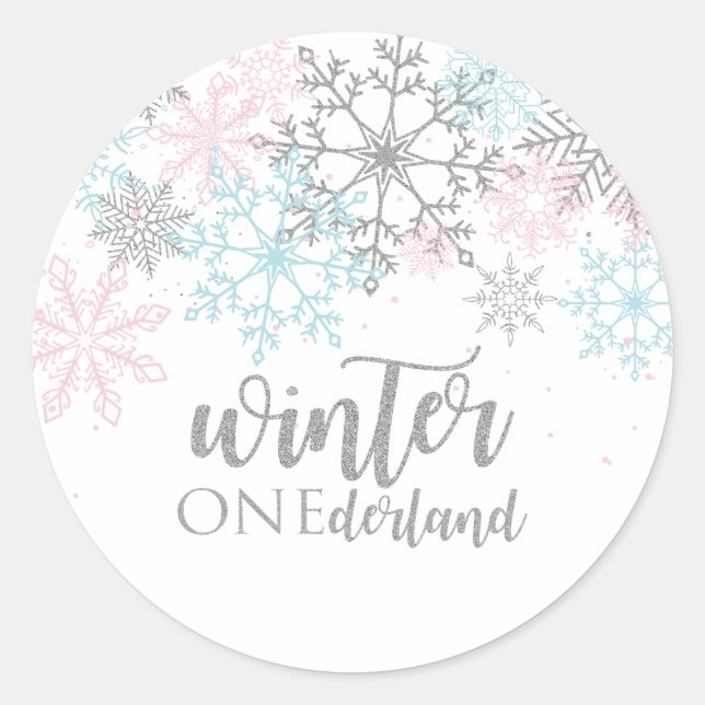 Winter Onederland Pink blue silver glitter Classic Round Sticker (Front)