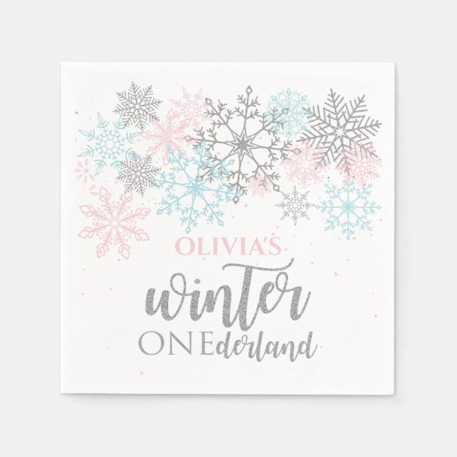 Winter Onederland Pink blue silver glitter Napkin (Front)