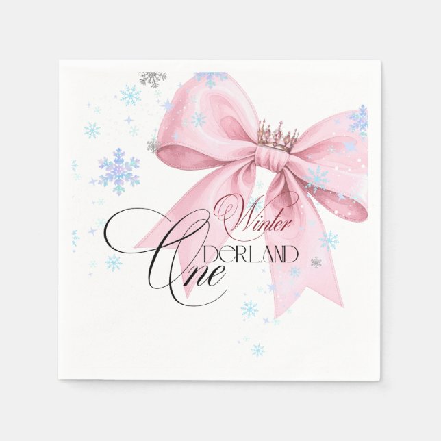 Winter ONEderland Pink Bow 1st Birthday Party Napkin (Front)