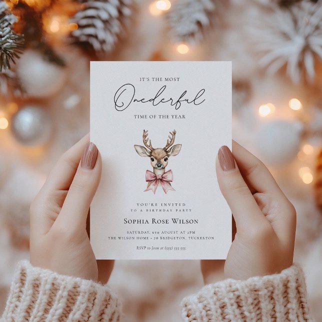 Winter Onederland Pink Bow Christmas Birthday Invitation (Creator Uploaded)