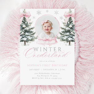 Winter ONEderland Pink Bow First Birthday Invitation