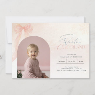 Winter ONEderland Pink Bow First Birthday Photo Invitation