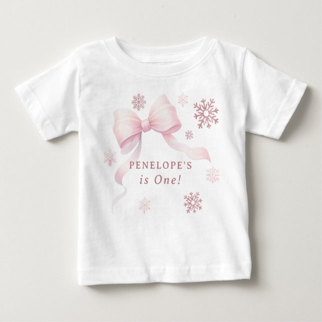 Winter Onederland Pink Bow Girl 1st Birthday Baby T-Shirt (Front)