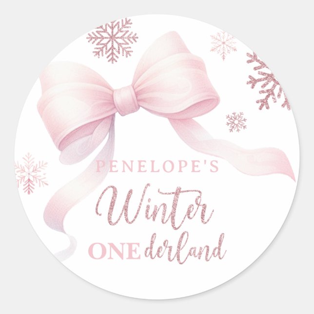 Winter Onederland Pink Bow Girl 1st Birthday Classic Round Sticker (Front)