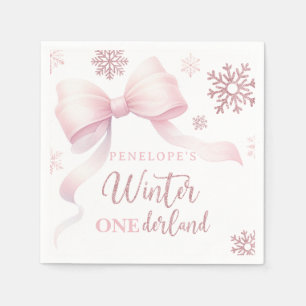 Winter Onederland Pink Bow Girl 1st Birthday Napkin