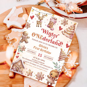 Winter Onederland Pink Christmas Cookie Invitation