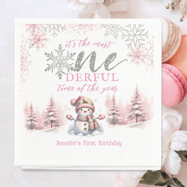 Winter ONEderland Pink Girl Christmas 1st Birthday Napkin (Creator Uploaded)