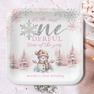 Winter ONEderland Pink Girl Christmas 1st Birthday Paper Plate