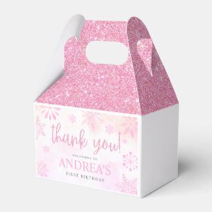 Winter ONEderland Pink Glitter Snowflake 1st Bday Favour Box