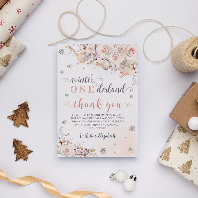 Winter Onederland Pink Gold Birthday Thank You Card (Creator Uploaded)