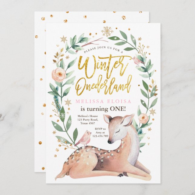Winter ONEderland Pink Gold Girl Deer Birthday Invitation (Front/Back)
