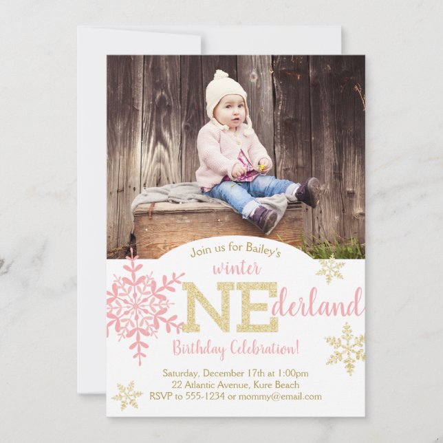 Winter ONEderland Pink & Gold Glitter 1st Birthday Invitation (Front)