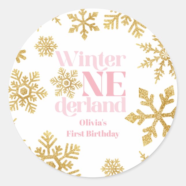 Winter Onederland Pink Gold Snowflake 1st Birthday Classic Round Sticker (Front)