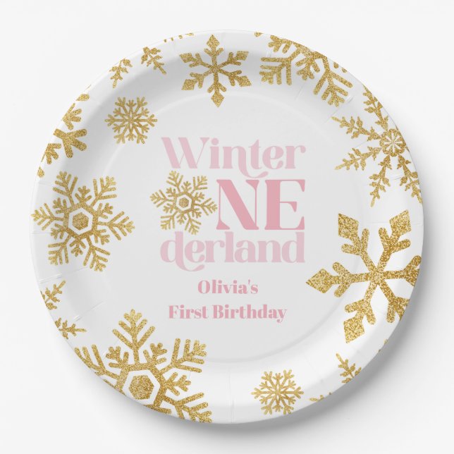 Winter Onederland Pink Gold Snowflake 1st Birthday Paper Plate (Front)