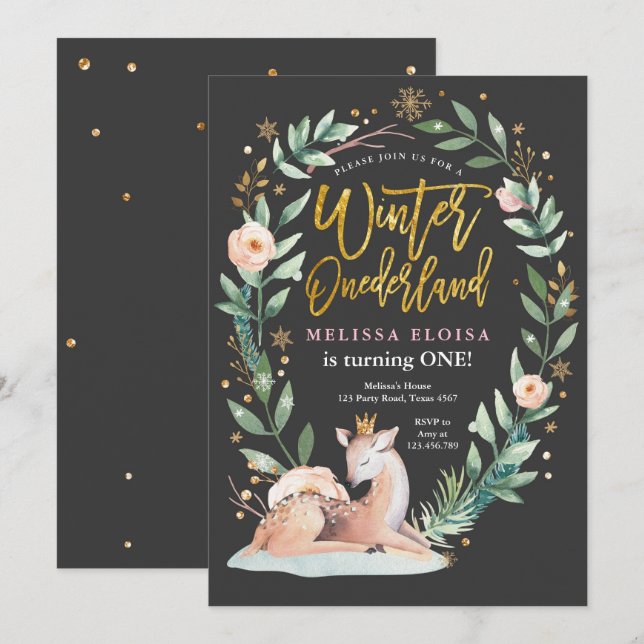 Winter ONEderland Pink Gold Woodland Deer Birthday Invitation (Front/Back)