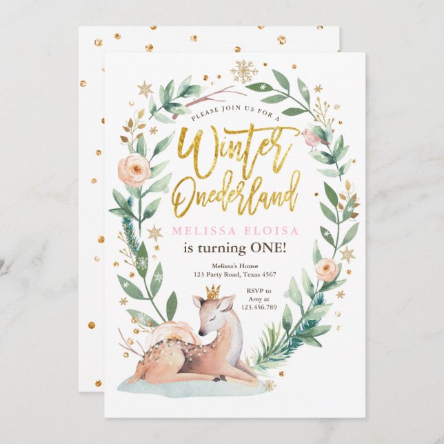 Winter ONEderland Pink Gold Woodland Deer Birthday Invitation (Front/Back)