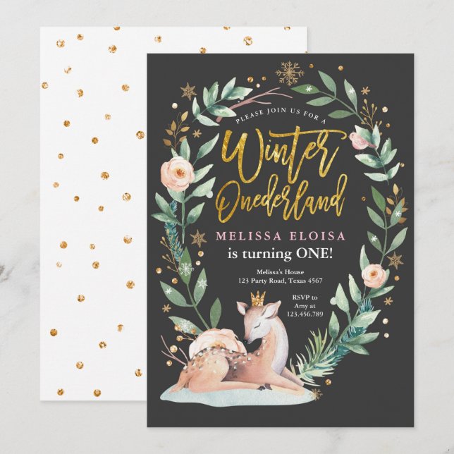 Winter ONEderland Pink Gold Woodland Deer Birthday Invitation (Front/Back)