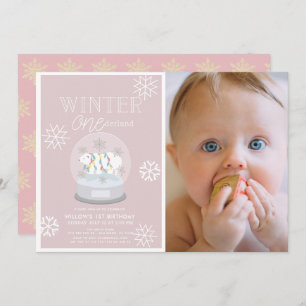 Winter Onederland Pink Photo 1st Birthday Invitation