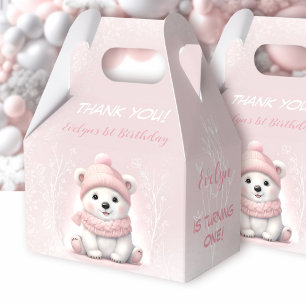 Winter Onederland Pink Polar Bear 1st Birthday Favour Box
