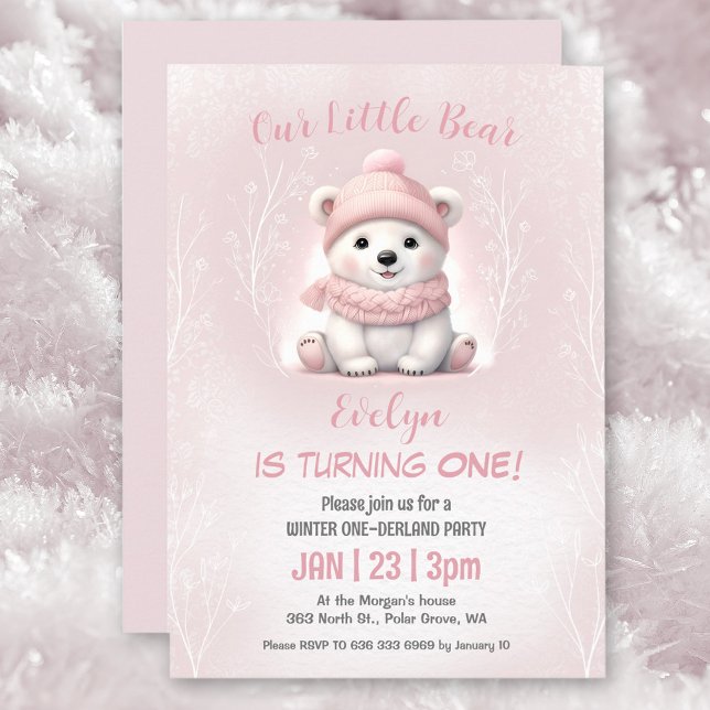 Winter Onederland Pink Polar Bear 1st Birthday Invitation (Winter Onederland Pink Polar Bear 1st Birthday Invitation)
