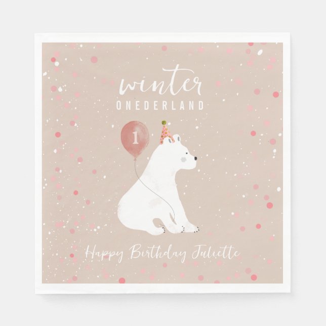 Winter Onederland Pink Polar Bear 1st Birthday Napkin (Front)