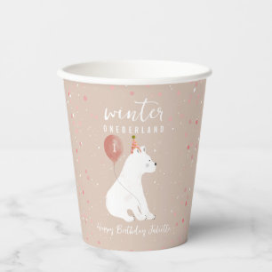 Winter Onederland Pink Polar Bear 1st Birthday Paper Cups